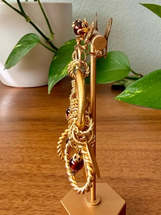 Vintage Boho Coin Disc Chandelier Dangle Hoop Clip On Earrings Brown Glass Beads - Picture 3 of 8